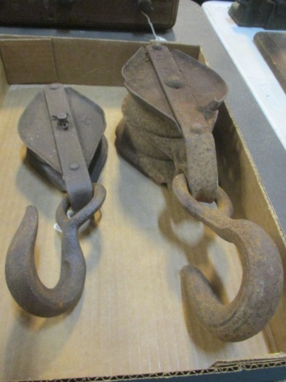 Two Old Steel Pullies with Iron Hooks