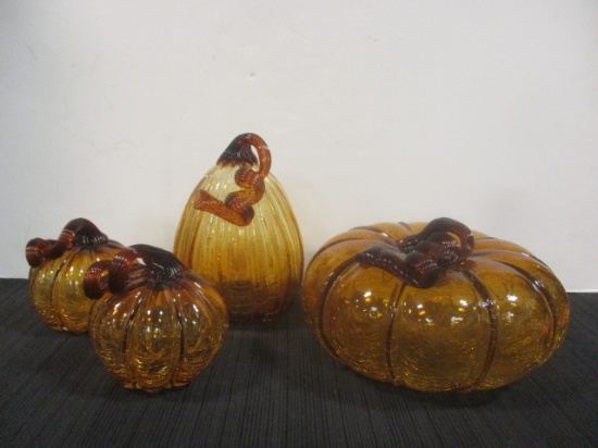 Four Hand Blown Amber Crackle Glass Pumpkins
