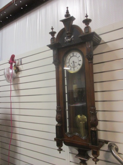 Antique 2 Tone Carved Wood Regulator Wall Clock