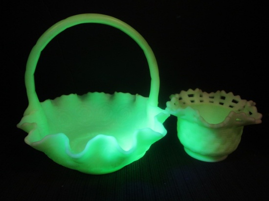 Fenton Custard Glass Basket and Basket Weave Vase