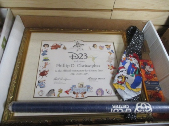 Disney Lot - Necktie, Luggage Tags, Epcot Poster, Framed Certificate