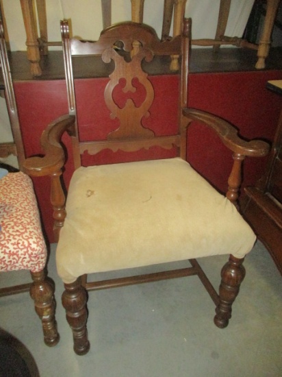 Vintage Wood Carved Back with Upholstered Seat Dining Arm Chair