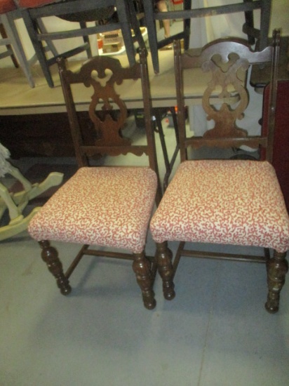 Pair of Vintage Wood Carved Back with Upholstered Seat Dining Chairs