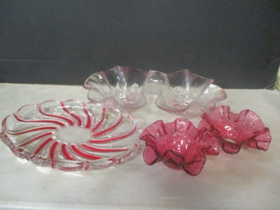2 Vintage Red Glass Candle Drip Catchers, Frosted Ruby Divided Tray, and