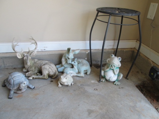 Black Metal Side Table and Animal Yard Statues