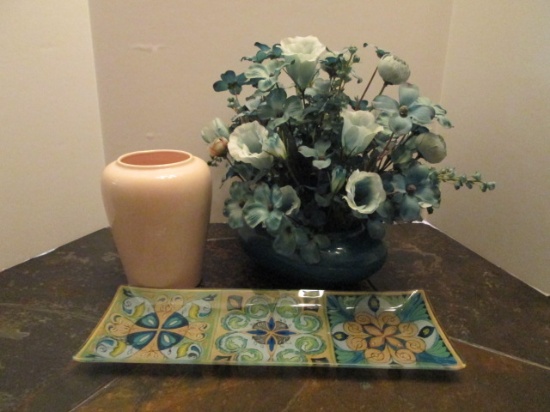 Ivory Glazed Ceramic Vase, Green Planter with Silk Florals and Reverse Design Glass Tray