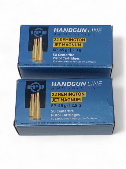 NIB 100rds. of .22 REMINGTON JET MAGNUM 45gr. SP PPU Ammunition