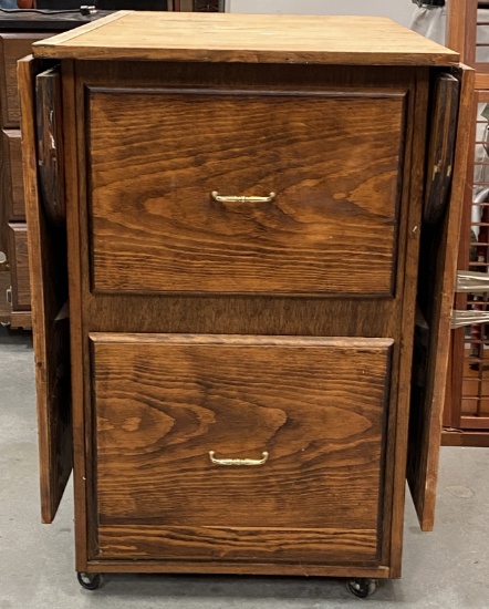 Rolling Work Table with Cabinet with Fold Down Side and 2 Drawers.
