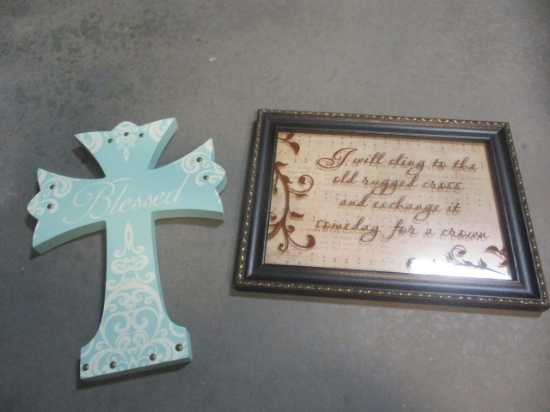 Wood Framed Music Picture, Old Rugged Cross, and Teal Wood  Hanging Cross.