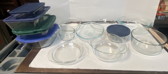 Eleven Anchor Hocking and Pyrex Bowls, Dishes and Pie Plate.