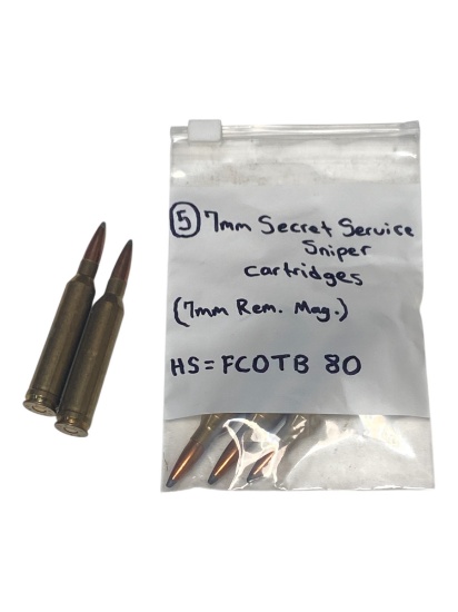(5) Collectible 7mm Secret Service Cartridges (7mm REM. MAG.) Ammunition