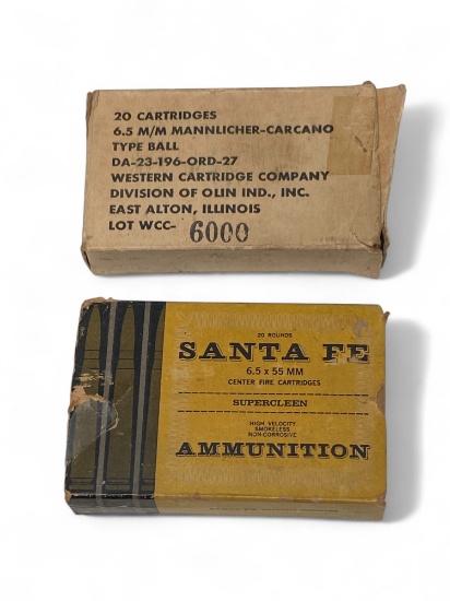 Vintage 3rds. of 6.5x55mm SWEDISH Santa Fe and 20rds. of 6.5 Mannlicher-Carcano Ammunition 