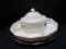 Wood Lazy Susan with Pfaltzgraff Lidded Tureen and Four Snack Bowls.