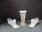 Pair Iridescent Hobnail Glass Boots with Cat and Hobnail Vase.