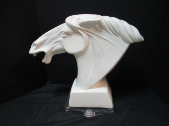 Large White Ceramic Horse Head Sculpture on Acrylic Base.