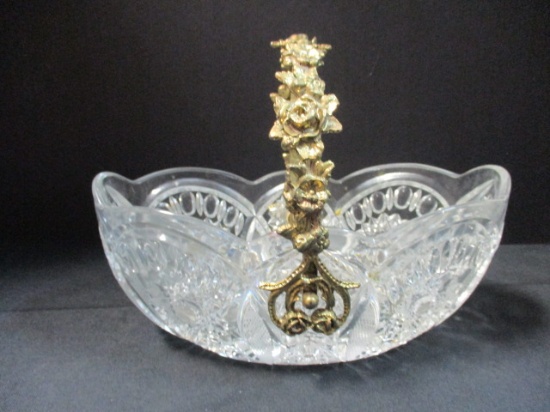 Vintage Heavy Cut Crystal Glass Basket with Brass Floral Victorian Handle.