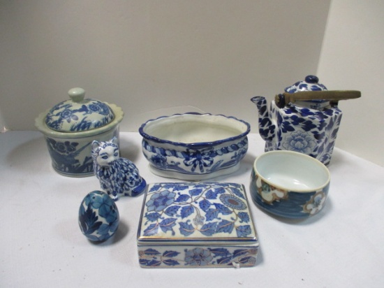 Box of Assorted Blue and White Dishes, Trinkets and Figurines.