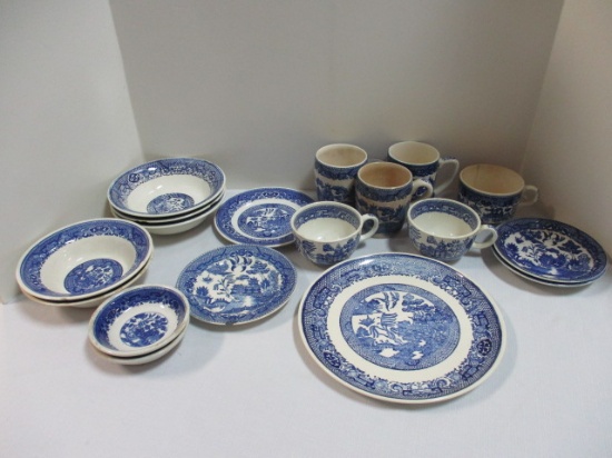 Box Lot of Assorted Blue and White Dishes. Some Chips and Crazing.