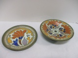 Vintage Signed Gouda Saucer and Pedestal Dish. Dish Broken Edge on Stand.