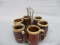6 Vintage Brown Drip Mugs & Gold Metal Caddy Marked USA