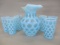 Fenton Blue Opalescent Coin Dot Pitcher & 6 Tumblers
