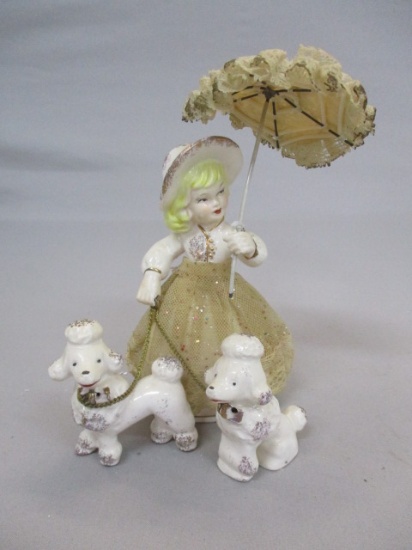 Vintage MCM Ceramic Girl w/Parasol Walking Dogs