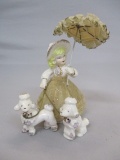 Vintage MCM Ceramic Girl w/Parasol Walking Dogs