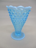 Fenton Blue Opalescent Hobnail Vase Scalloped Edge