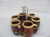 6 Vintage Brown Drip Mugs & Gold Metal Caddy Marked USA