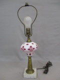 Czechoslovakian White Cut Cranberry Glass & Brass Lamp