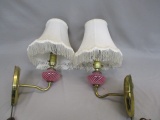 Pair of Vintage Fenton Cranberry Swirl & Brass Sconces