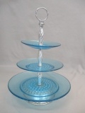 Blue Hobnail Glass 3 Tier Tidbit Server
