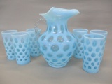 Fenton Blue Opalescent Coin Dot Pitcher & 6 Tumblers