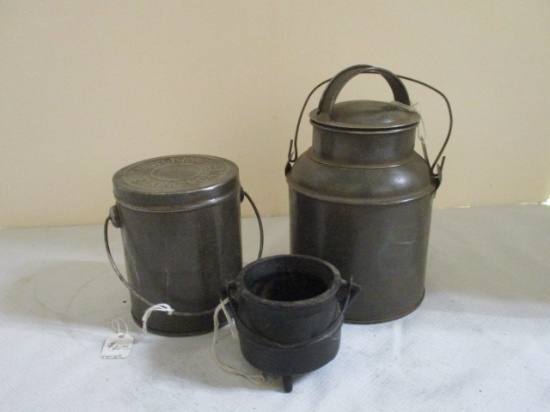 Vintage Baking Soda Tin with Handle, Tin Milk Can, and Cast Iron Small Pot.