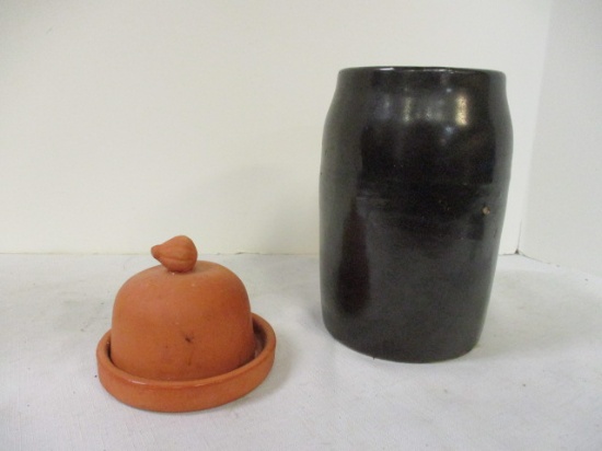 Terra Cotta Garlic Roaster from Portugal and Ironstone Jug.