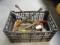 Crate of Miscellaneous Tools, Brackets, Saw,  Tire Iron, Etc.