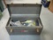 Metal Tool Box Full of Brackets, Hooks, Locks, Etc.