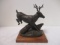 Metal Mule Deer Sculpture on Wood Base.