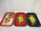 Three Vintage Metal Serving Trays with Flowers. Shows Age Wear.