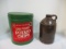 Vintage Jane Parker Potato Chip Tin and Stone Ware Jug, Some Chips.