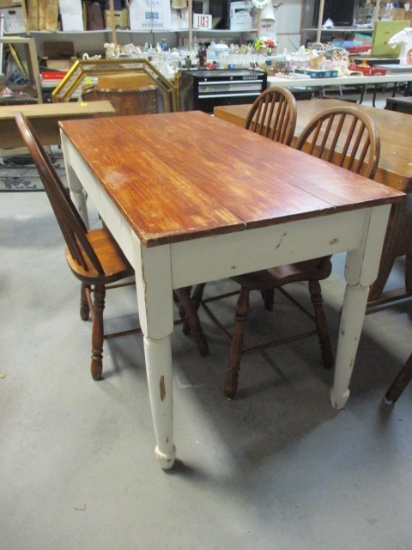 Solid Wood Farmhouse Table with Plank Top and Three side Chairs.