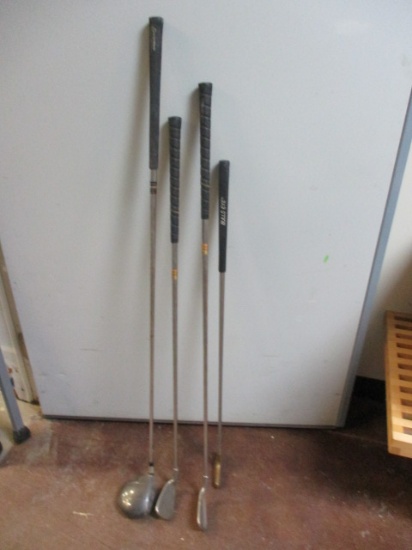 Golf Clubs, Taylor Made 10.5 Driver, Dunlop 8 and 3 Iron, Acushnet Putter.