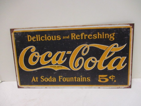 Metal Coca-Cola Sign At Soda Fountains 5 Cents.