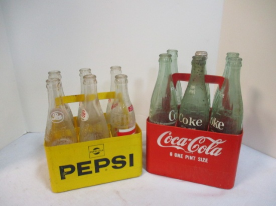 Plastic Pepsi and Coke Carrying Cases with Six Bottles Each.