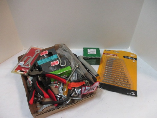 Box of New Drill Bits, Wrenches, Box #9 Bolts,  Boxes 1 1/2''  and 2 1/2'' Galvanized Nails, Bolts,