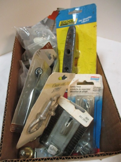 Box of New Brackets, Door Handles, Hooks, Hasp, Etc.