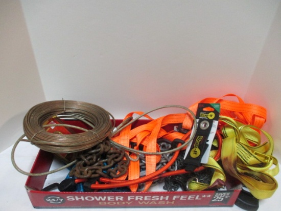 Box of Chains, Wire Rope, Tie Downs Straps, Etc.