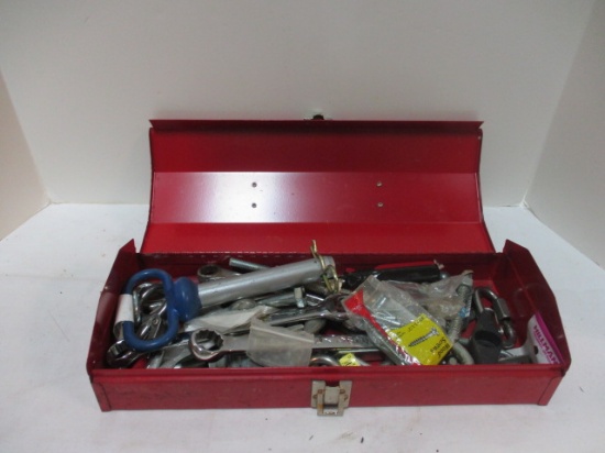 Metal Tool Box Full of Nuts, Bolts, and Wrenches.