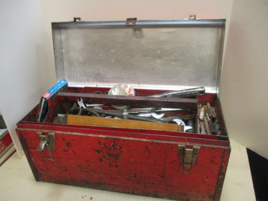 Metal Tool Box with Tray Full of Tools, Wrenches, Sockets, Wire Cutters, Etc.
