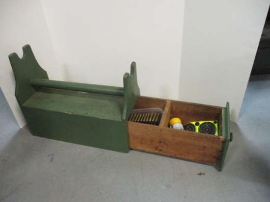 Green Wood Storage Box with Drawer and Handle. Contains Gun Supplies and Bullets.